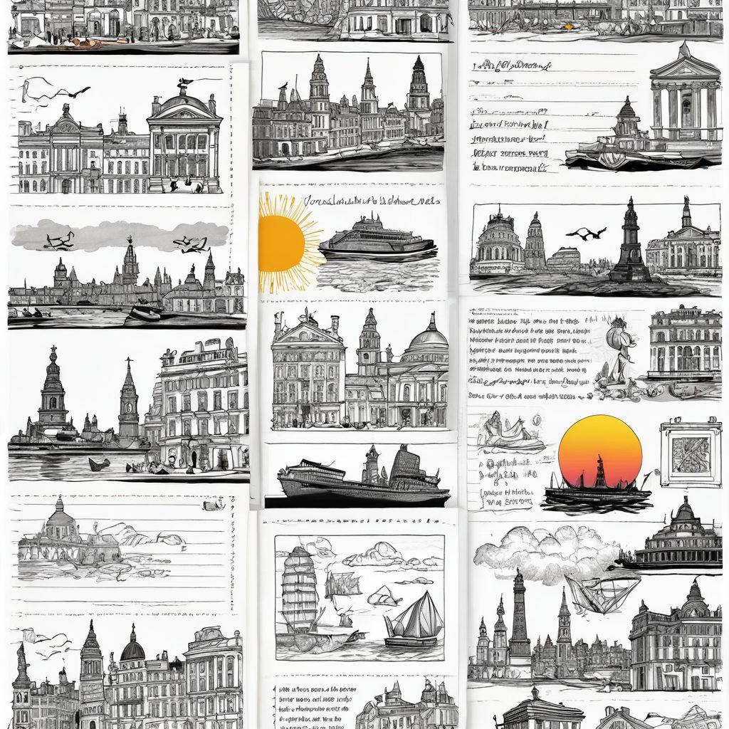 A visually captivating digital diary open to vibrant pages filled with sketches and notes about adventures at Trafalgar, featuring iconic landmarks in the background, whimsical illustrations of characters exploring the area, and hints of a sunset sky. The notebook should have elements like travel stamps and doodles to evoke creativity and wanderlust. super-realistic. vibrant colors. white background.