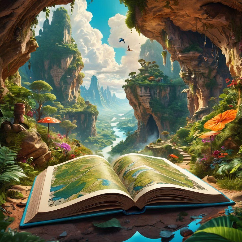 A whimsical landscape featuring a fantastical map of Trafalfar with vibrant pathways leading to various adventure hotspots like lush forests, bustling streets, and hidden caves. Include playful characters exploring the terrain, with whimsical flying creatures above and an open book floating in the sky, symbolizing insights. The scene should be bright and inviting, capturing the essence of exploration and discovery. vibrant colors. fantasy art. 3D.