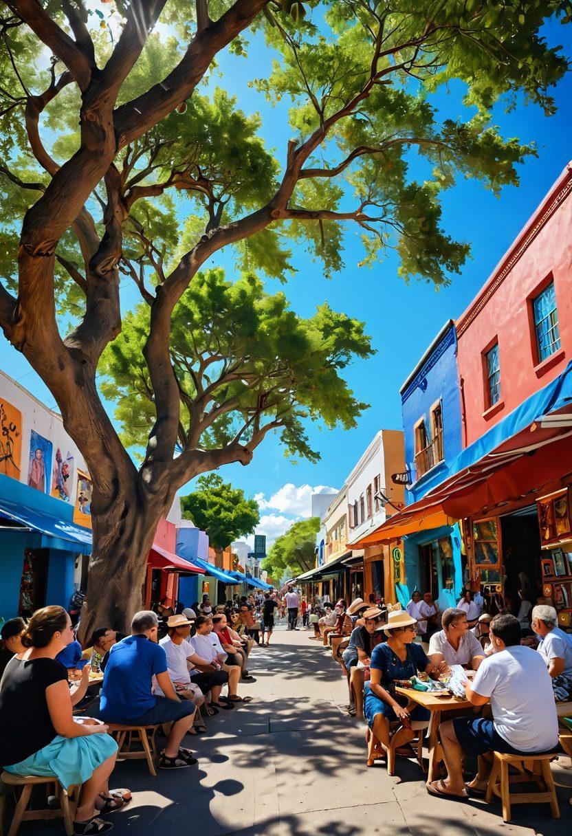 A vibrant street scene from Trafalfar, showcasing local artisans crafting traditional goods, surrounded by colorful murals depicting its rich culture. In the foreground, a storyteller sharing tales with an engaged audience under the shade of a large tree, creating a sense of community and connection. The sky above is a brilliant blue, with fluffy clouds and sunlight illuminating the scene. super-realistic. vibrant colors. white background.